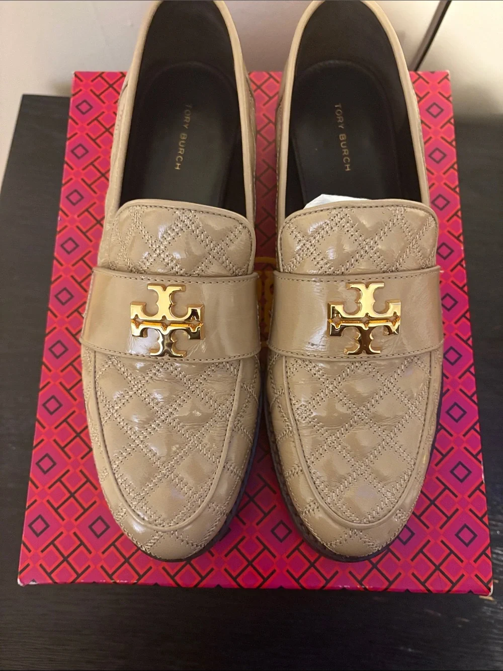 Tory Burch Quilted Almond Patent Loafers with Gold Logo